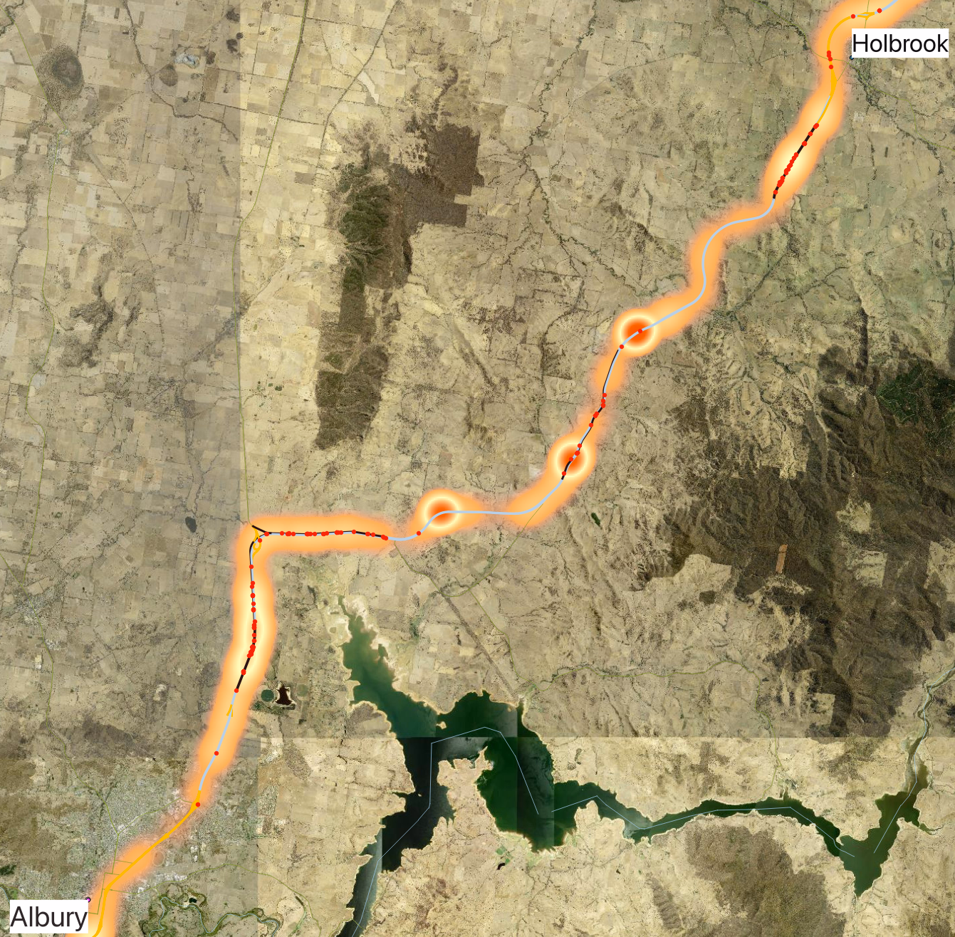 Maintenance accomplishment heatmap & defect locations for Southern Hume Highway